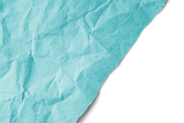 Recycled crumpled cyan paper texture with diagonal torn edge isolated on transparent, white background, PNG. Wrinkled and creased abstract backdrop, wallpaper with copy space, top view.