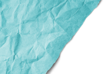 Recycled crumpled cyan paper texture with diagonal torn edge isolated on transparent, white background, PNG. Wrinkled and creased abstract backdrop, wallpaper with copy space, top view.