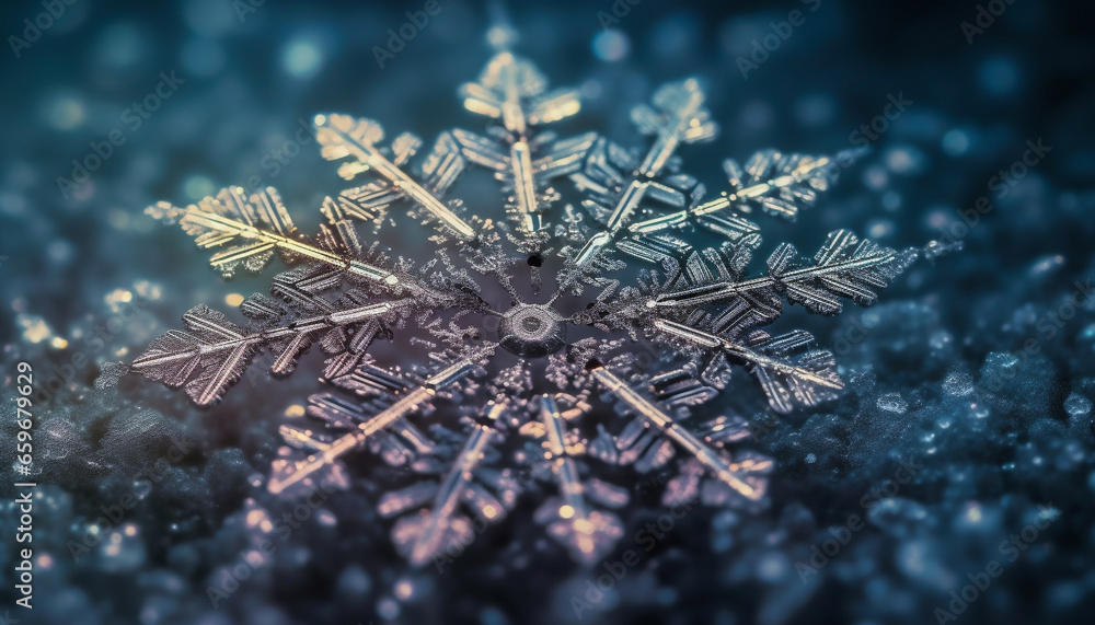 Poster abstract snowflake pattern glows on icy winter backdrop, illuminated decoration generated by ai
