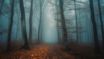 Spooky forest, mysterious fog, dark tree branch, autumn leaves falling generated by AI