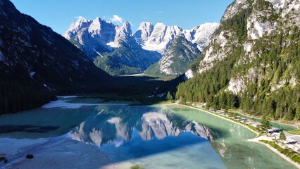 drone photo Landro Lake, lago di landro Dürrensee Dolomites italy europe