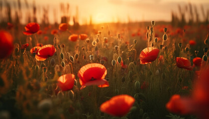 Fototapeta na wymiar Vibrant wildflowers bloom in tranquil meadow under summer sunset sky generated by AI