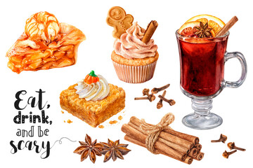 Watercolor illustration of mulled wine and desserts close up. A hand-drawn haloween autumn set.