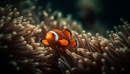 Fototapeta na wymiar Close up of vibrant clown fish in natural reef environment underwater generated by AI