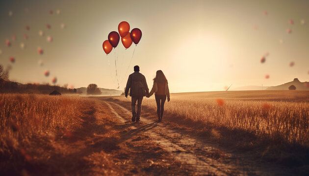 Sunset balloon ride brings together affectionate couple in nature beauty generated by AI