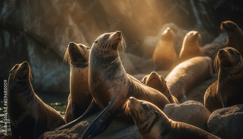 Canvas Prints A playful colony of sea lions rest on the coastline generated by AI