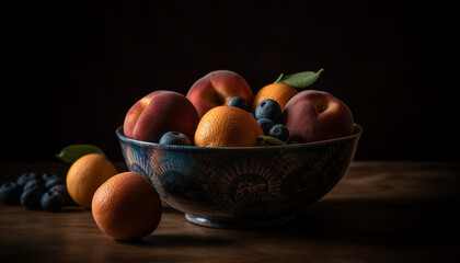 A rustic fruit bowl filled with juicy, organic citrus fruit generated by AI
