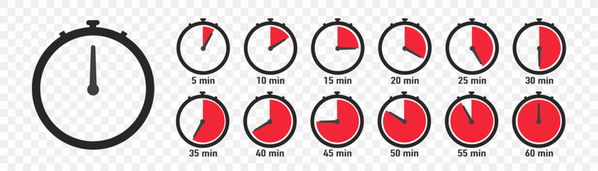 Timer, stopwatch icons. Clock with different minutes from 5 to 60. Countdown timer set. Sport clock with red colored time meaning. Cooking indicators in flat design. Vector illustration