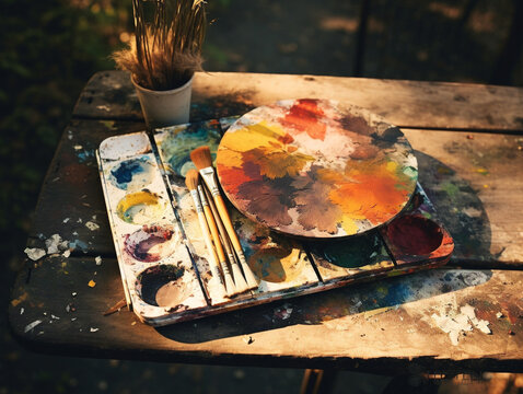 A collection of vibrant art supplies and paint palette arranged on a desk in a studio.