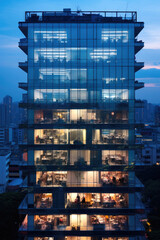 A transparent glass office building brightly lit with people working hard inside