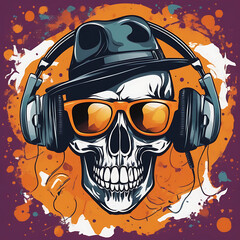 skull wearing sunglasses and headphones, Abstract background  