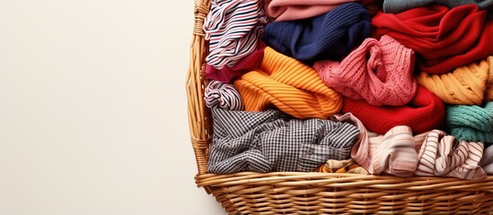 Top view of a wicker laundry basket filled with kids clothes on a white surface