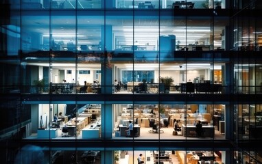 A transparent glass office building brightly lit with people working hard inside