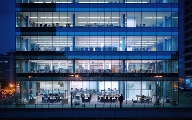 Fototapeta na wymiar A transparent glass office building brightly lit with people working hard inside