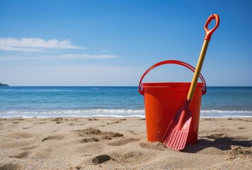 Tropical landscape with bucket and shovel on the beach sand. Generative AI