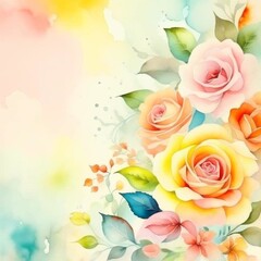 Watercolor artistic botanical background with roses in pastel colors, space for text. Design for wallpaper, banner, print, wedding invitation, poster, flyer, card, book. Illustration.  - obrazy, fototapety, plakaty