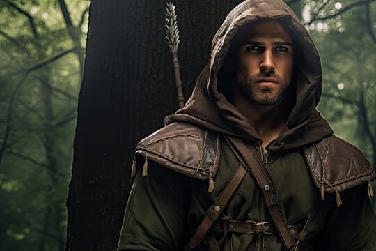 Defender archer with hood in forest, fantasy and medieval era concept. Generative AI