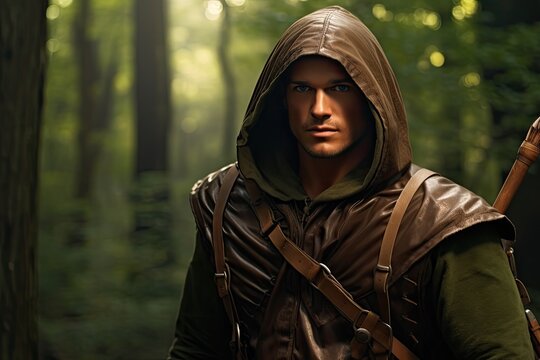 Defender archer with hood in forest, fantasy and medieval era concept. Generative AI