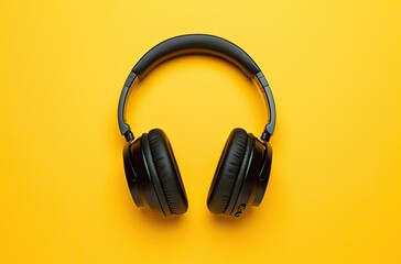 Black headphone on yellow background, music and leisure concept. Generative AI
