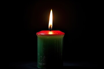 Digital illustration of lit candle on dark background. Generative AI