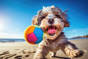 Landscape with cute dog on the beach with colorful ball, sea and sky. Generative AI