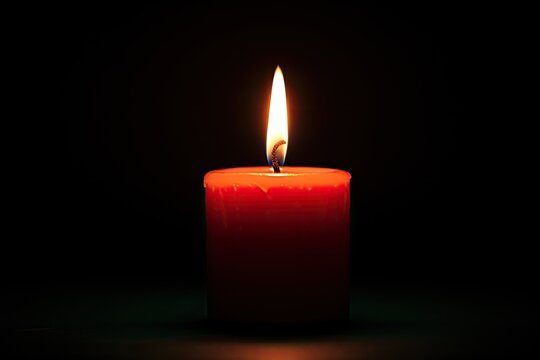 Digital illustration of lit candle on dark background. Generative AI