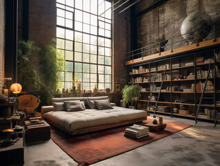 An industrial warehouse transformed into a spacious and stylish loft with rustic charm.