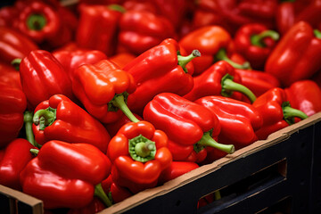 Closeup of a crate of sweet red bell capsicum peppers