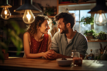 A loving couple enjoying date night, laughing and cooking together in a home kitchen, expressing love and togetherness - obrazy, fototapety, plakaty