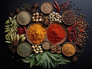 A vibrant and creative display of spices and herbs blended together to form an artistic arrangement.