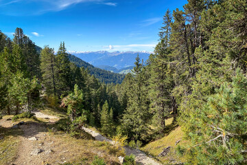 Fototapeta na wymiar Scenic view of Val di Funes Villnoessertal seen from Adolf-Munkel-Weg hiking trail in South Tyrol, Italy.