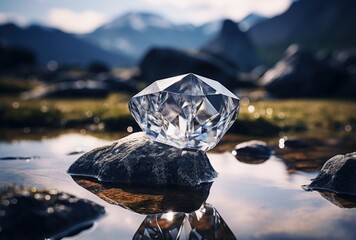 Fototapeta premium Landscape with crystal clear and transparent diamond on rock. Generative AI