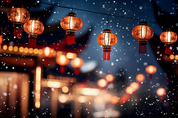 Chinese new year lanterns hanging on the street with snow in the background Generative AI