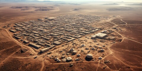 Aerial view of a sprawling refugee camp set against a barren landscape , concept of Crowded settlement - obrazy, fototapety, plakaty