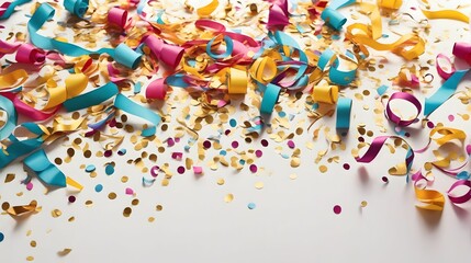 Colorful Confetti And Lively Streamers Artfully Arranged On A Clean White Backdrop Confetti And Carnival Ribbons AI Generative