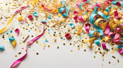 Fototapeta premium Colorful Confetti And Lively Streamers Artfully Arranged On A Clean White Backdrop Confetti And Carnival Ribbons AI Generative