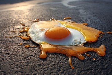 Egg frying on hot asphalt, concept of heat and global warming. Generative AI