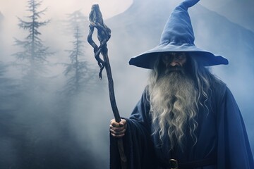 Dark wizard with pointy hat and overcoat, forest with fog in the background, fantasy concept. Generative AI - obrazy, fototapety, plakaty