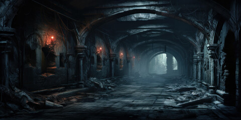 Fototapeta na wymiar Dark scary dungeon, vintage underground tunnel as cellar of old castle