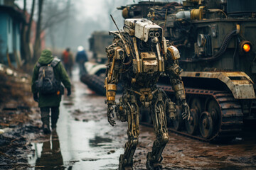 Futuristic robot walks on dirty road near people and machines - obrazy, fototapety, plakaty