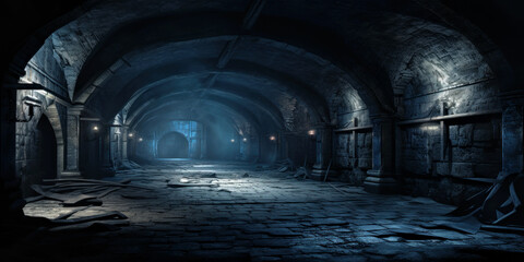 Dark medieval cellar with stone vault, old underground tunnel, dungeon - obrazy, fototapety, plakaty