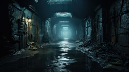 Old industrial underground tunnel, dark scary abandoned corridor - obrazy, fototapety, plakaty