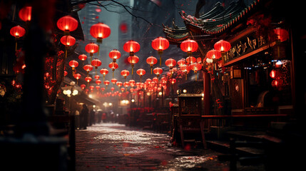 Streets illuminated with Chinese new year lanterns Generative AI