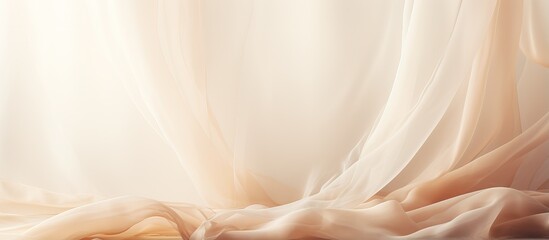 Transparent white tulle beige curtains on a window with fabric background Space for text