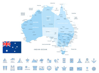 Australia Map and Travel Flat Icons with Spotted Soft Blue Colors