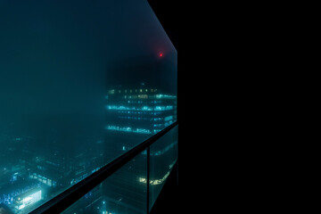 Foggy night in the financial district of London, view from a balcony