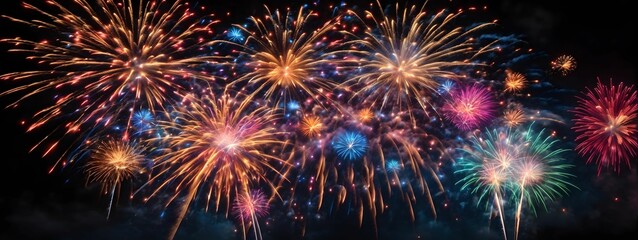 Fototapeta premium Fireworks Background Colorful Firework Wallpaper Fireworks Illustration Glowing Colorful Fireworks On Dark Sky AI Generative