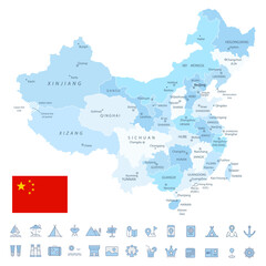 China Map and Travel Flat Icons with Spotted Soft Blue Colors