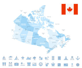 Canada Map and Travel Flat Icons with Spotted Soft Blue Colors