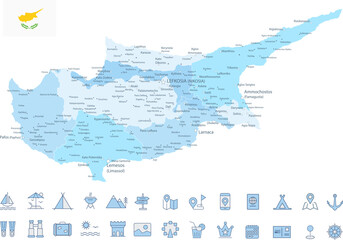 Cyprus Map and Travel Flat Icons with Spotted Soft Blue Colors - 659684269